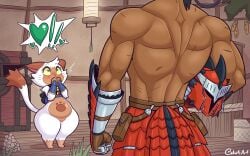 1boy 1cat 1girls cat_ears cat_tail catgirl cobatsart dark-skinned_male dark_skin jennifur_(cobatsart) monster_hunter muscular muscular_male shocked shortstack shortstack_female tagme