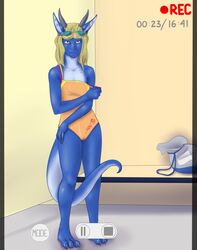 anthro arki cameltoe camera clothes comic crossdressing dragon eyewear girly glasses horn male one-piece_swimsuit pov scalie solo spacekitten swimsuit