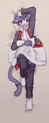 1boy anthro bed blush bulge dakimakura feline furry hi_res kosian looking_at_viewer lying male male_only mammal on_back on_bed open_clothes open_shirt pants pants_down partially_clothed precum purple_eyes shirt slit_pupils solo