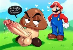 absurd_res ai_generated anthro balls big_balls big_penis blue_eyes blush bodily_fluids clothed clothing dialogue duo english_text erection facial_hair footwear genital_fluids genitals gloves goomba grass handwear hat headgear headwear heart hellsonger hi_res huge_balls huge_cock human humanoid_genitalia humanoid_penis hyper hyper_genitalia hyper_penis male mammal mario mario_bros moustache nintendo open_mouth overalls penis plant precum precum_drip red_headwear scalie shoes speech_bubble sweat text text_on_clothing text_on_hat text_on_headwear topwear vein veiny_penis white_gloves white_handwear