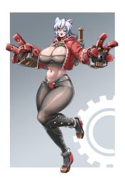 1girls 4_fingers adeptus_mechanicus black_bra black_leggings bra breasts cameltoe cat_ears catgirl choker cleavage cyborg eyepatch felinid female full_body huge_breasts large_breasts leggings mechanical_arms mechanical_eye multi-strapped_panties open_jacket panties prosthetic_arm red_choker red_jacket red_panties running solo strapless_bra t2333_(little_sun) thick_thighs variant_set warhammer_(franchise) warhammer_40k white_hair