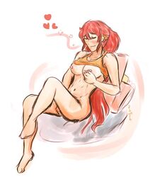 blush female fit fit_female headband jo3mfg large_breasts long_hair masturbation nipple_tweak nipples ponytail pyrrha_nikos red_hair rwby shirt_up sitting spoken_heart white_background