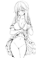 blush bottomless breasts center_opening cleavage collarbone female large_breasts long_hair looking_at_viewer mokumokuren_(atariya_kyoushitsu) monochrome navel open_mouth panties panties_removed sketch skirt skirt_lift solo tenshi_hinanawi touhou underwear white_background