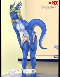 anthro arki camera cellphone clothes comic crossdressing dragon eyewear girly glasses horn legionaire male one-piece_swimsuit phone pov scalie solo spacekitten striptease swimsuit