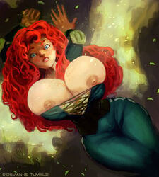 1girls areola big_breasts blue_eyes brave breasts bursting_breasts busty cleavage cooleyette corset curly_hair disney disney_princess dress fantasy female female_focus female_only freckles ginger hourglass_figure huge_breasts hyper_breasts long_hair merida nipples pixar red_hair redhead sidney_anders solo solo_female standing vaaan van_(artist) vannn voluptuous