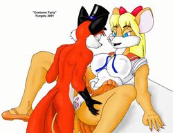 2001 animated bishoujo_senshi_sailor_moon blonde_hair blue_eyes bow canine clothed_sex clothing cosplay fox furgeta grin hair hat large_breasts mammal missionary_position mouse penetration pussy_juice red_bow rodent skirt smile spreading top_hat vaginal_penetration