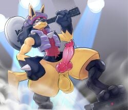 2025 amplifier animal_genitalia animal_penis anthro balls beanie bent_leg big_balls big_penis bodily_fluids bottomless bottomless_anthro bottomless_male canine_genitalia canine_penis clothed clothing darkluxia digitigrade ear_piercing ear_ring erection fog fur generation_4_pokemon genital_fluids genitals guitar hat headgear headwear hi_res holding_guitar holding_musical_instrument holding_object knot lucario male musical_instrument narrowed_eyes nintendo open_clothing open_topwear open_vest penis piercing plucked_string_instrument pokemon pokemon_(species) precum presenting presenting_penis ring_piercing saggy_balls sheath shiny_lucario shiny_pokemon smile solo spikes spikes_(anatomy) spotlight standing string_instrument thick_penis thick_thighs topwear tuft uneven_balls vein vest