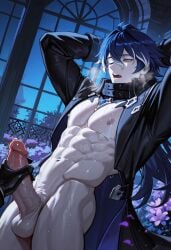 1boy 1male abs ai_generated blue_hair climax closed_eyes closed_mouth flins_(genshin_impact) hair_between_eyes handjob handsome long_hair male male_focus male_nipples male_only muscular muscular_male pale_skin solo solo_male streaked_hair visible_breath white_hair yellow_eyes