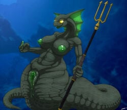 anthro anus big_breasts bioluminescence breasts chubby female full-length_portrait full_length gaping gaping_pussy glowing glowing_eyes hi_res lamia masturbation melee_weapon naga open_mouth original polearm portrait pussy pussy_juice scales sea_serpent slit_pupils solo spear standing trident underwater voluptuous water weapon wet_pussy wide_hips yellow_eyes zevex