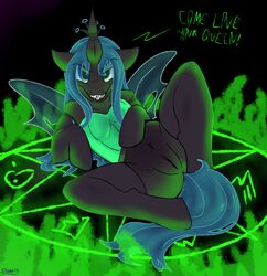 2015 black_body blue_hair changeling corset dialogue english_text female friendship_is_magic green_eyes hair horn looking_at_viewer my_little_pony presenting pussy queen_chrysalis_(mlp) skoon smile smooth_skin solo text wings