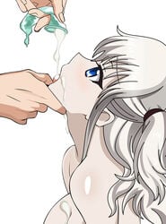 1boy 1girls blue_eyes charlotte_(anime) chin_grab condom copy cum cum_in_mouth cum_on_body cum_on_breasts drinking_from_condom feeding_cum female holding_chin side_view tomori_nao white_hair