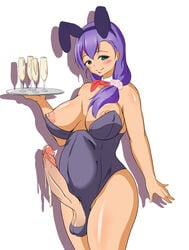 1futa 1girls animal_ears areolae artist_request balls balls_in_bunnysuit bare_shoulders belly blush bowtie breasts bunny_costume bunny_ears bunny_girl bunnysuit champagne_glass cum cum_in_container detached_collar erection female full-package_futanari futanari glass green_eyes hair intersex large_breasts large_penis long_hair looking_at_viewer love_live! love_live!_school_idol_project nipples penis puffy_nipples purple_hair scrunchie smile solo testicles toujou_nozomi tray uncensored waitress