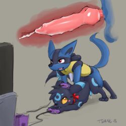 alternate anal animal_genitalia blush canine color cum cum_in_ass cum_inside duo eeveelution fur furry_ears furry_tail internal lucario male mammal nintendo penis pokemon pokemon_(species) precum red_eyes tail twang umbreon video_games yaoi