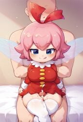 1boy 1girls ai_generated anonymous_male cum cum_on_thighs faceless_male fairy fairy_wings female kirby_(series) kirby_64 kirby_64:_the_crystal_shards male pink_hair red_dress red_ribbon ribbon_(kirby) smug thigh_sex thighhighs tongue_out white_thighhighs