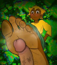 1boy 1girls androgynous annoyed annoyed_expression barefoot blush brown_eyes censored dark-skinned_female dark_skin dirty_feet erection feet female foot_fetish foot_focus footjob gggggg green_pants hearts highres male mosaic_censoring one-footed_footjob one_foot_raised pants short_hair smelly_feet sole spiritfarer stella_(spiritfarer) stinky_feet sweat sweaty sweaty_feet thunder_lotus_games toes tomboy unseen_male yellow_blouse yellow_hair