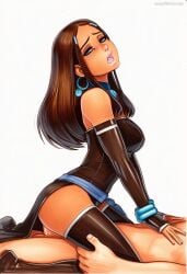 2025 ai_generated artist_name blue_eyes breasts brown_hair crazyfishbones female gloves jewelry katara large_breasts long_hair panties thighhighs