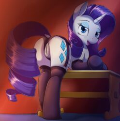 2015 ass blue_eyes clothing cutie_mark dock elbow_gloves equine eyeshadow female feral friendship_is_magic gloves hair half-closed_eyes horn inside legwear lingerie long_hair looking_at_viewer makeup mammal my_little_pony open_mouth otakuap panties pink_hair pussy rarity_(mlp) solo stockings underwear unicorn