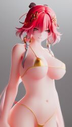 3d 3d_(artwork) ahoge bikini blender blender3d blender_(artwork) blender_(software) blender_cycles bow breasts breasts_apart cg_art cgi changli_(wuthering_waves) curvy_figure eyelids female female_only gold_bikini golden_bikini hair hair_extensions hair_ornament hairbow intimidating lidded_eyes lips lipstick mommy multicolored_hair naked_female navel realkansen red_hair sexy slim_waist standing stomach swimwear thick_thighs thighs twin_braids white_hair wuthering_waves yellow_eyes