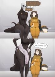 1futa 1girls alien alien_futa alien_penis astronaut bodysuit breasts brown_hair clothed clothing devianthorde dialogue dripping_cum dubious_consent duo female female_human fully_clothed futanari grey_skin hanging_penis huge_cock humanoid imminent_breeding imminent_sex intersex large_penis miscommunication mostly_clothed olive_(devianthorde) penis poney spacesuit surprised tail taller_futa text thick_penis thick_thighs wide_hips