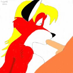 1boy 1girls 2000 anthro blonde_hair canine closed_eyes female fox furgeta furry hair male mammal nude oral straight