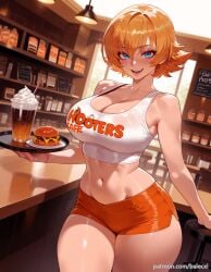 ai_generated balecxi bare_shoulders blue_eyes blush burger cleavage collarbone crop_top cup food hair_between_eyes holding holding_tray igawa_sakura indoors large_breasts lilith-soft looking_at_viewer midriff navel open_mouth orange_hair orange_shorts patreon_username short_hair short_shorts smile solo taimanin_(series) taimanin_asagi1girl taimanin_rpgx tank_top thighs tray waitress