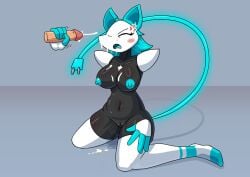 1boy 1girls 2025 alternate_version_available armless big_breasts black_body blue_eyeshadow blue_hair blue_nipples blush breasts bruhmynameisdylan cat_ears closed_eyes cum cum_on_breasts cum_on_face deltarune female female_focus handjob navel nipples open_mouth penis plug plug_tail pussy pussy_juice stockings tasque_manager_(deltarune) thick_thighs undertale_(series)