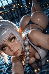 1girls ai_generated baldur's_gate baldur's_gate_3 bangs big_ass blush boobs_and_butt_pose braid braided_hair dungeons_and_dragons elf_female female glowing green_eyes gym_clothes indoors looking_at_viewer lying_on_stomach medium_breasts panties scar selfie shadowheart shiny_skin solo_female sweat thong white_hair