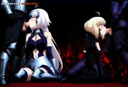 1boy 2boys 2girls ahoge ai_generated armor armored_boots armored_dress artoria_pendragon_(fate) bangs bare_shoulders black_armor black_dress black_gloves black_ribbon blonde_hair blush boots braid breasts chains cleavage cleavage_cutout clothing_cutout cum cum_in_mouth cum_on_body dress elbow_gloves facial fellatio female french_braid fur-trimmed_legwear fur_trim gauntlets gloves greaves green_eyes group_sex hair_bun hair_ribbon headpiece jeanne_d'arc_alter_(avenger)_(fate) jeanne_d'arc_alter_(avenger)_(third_ascension)_(fate) jeanne_d'arc_alter_(fate) long_hair long_sleeves looking_up male medium_breasts multiple_boys multiple_girls multiple_penises navel navel_cutout oral patreon_username penis puffy_sleeves ribbon rolling_eyes saber_alter short_hair single_hair_bun sitting straight tears testicles thighhighs uncensored very_long_hair waitercolor wariza watermark web_address white_hair yellow_eyes
