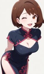 1girls ai_generated brown_eyes brown_hair china_dress chinese_clothes cleavage gloria_(pokemon) hands_behind_back kslgsnb leaning_forward medium_breasts open_mouth pokemon pokemon_ss pokemon_trainer short_hair short_sleeves side_slit smile solo solo_female thighs wink