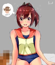 brown_eyes brown_hair censored i-401_(kantai_collection) kantai_collection mushroom open_mouth ponytail sailor sailor_collar school_swimsuit school_uniform serafuku submarine swimsuit tied_hair