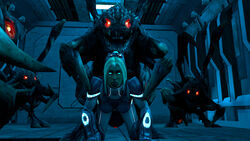 3boys 3d alien all_fours blizzard_entertainment bodysuit doggy_style front_view highres human indoors interspecies mounted multiple_boys nova_(starcraft) sex starcraft tomcatgatovato tongue tongue_out zerg zergling