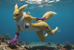 ai_generated anthro anthropomorphic bathing beach beach_background beautiful big_breasts bikini blue_eyes digimon digimon_(species) female fluffy_tail fox fox_girl fur furry furry_only looking_at_viewer renamon renamon_(digimon) seductive seductive_look seductive_smile sexy sexy_body sexy_pose swimming underwater underwater_view ying_yang_symbol