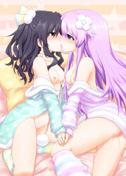 2girls black_hair blush breasts cpu_candidate female female_only french_kiss goddess hair_ornament hair_ribbon holding interlocked_fingers kissing long_hair mizunashi_(second_run) multiple_girls nepgear neptunia_(series) nipples no_bra no_panties off_shoulder open_pajamas pajamas pom_pom_(clothes) purple_eyes purple_hair pussy_juice red_eyes ribbon small_breasts uni_(neptunia) yuri