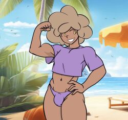 1boy afro athletic beach blonde_hair bulge crop_top dark-skinned_femboy dark-skinned_male dark_skin femboy femboy_focus femboy_only flexing happy poi(oc) poipoiplanet poipoiplap smiling thick_thighs thighs thong