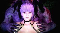 ayane_(doa) dead_by_daylight dead_or_alive hands holding male/female minotaur monster monster_on_female purple_hair red_eyes straight trapped ublik