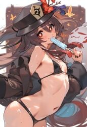 1girls ai_generated bikini blush breasts brown_hair genshin_impact hat hu_tao_(genshin_impact) petite popsicle red_eyes small_breasts solo