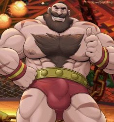 abs balls bara beard biceps big_balls big_penis bulge capcom daddy dilf dudebulge erection gay hairy hairy_chest male male_nipples male_only male_pubic_hair manly mature_male muscular_male nipples pecs penis precum precum_drip scars solo solo_male street_fighter sweat underwear underwear_only zangief