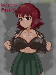 1girls black_bra black_eyes blush bra clothed female freckles fuego095 heart jacket kim_pine open_clothes open_jacket presenting presenting_breasts red_hair scott_pilgrim short_hair skirt solo solo_female sweat