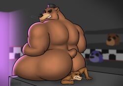 anthro ass bear big_butt butt_crush clothing duo extreme_size_difference five_nights_at_freddy's freddy_(fnaf) hat hat_only headgear headgear_only headwear headwear_only hi_res lesicko male male/male mammal mostly_nude mustelid otter scottgames sitting sitting_on_another size_difference slightly_chubby slightly_chubby_anthro slightly_chubby_male thick_thighs