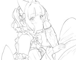 black_and_white bow clothed_female_nude_male cum cumdrip eyebrows_visible_through_hair hair_ornament kissing_penis looking_at_viewer maid maid_headdress maid_outfit mint_fantome no_color pointy_ears sketch thernz virtual_youtuber vtuber