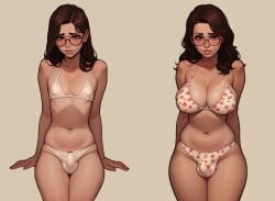 1boy 1futa ai_generated big_breasts bikini black_eyes breasts brown_hair bulge civitai claire_(truep81) crossdressing embarrassed femboy feminine_male feminization futanari glasses long_hair male_to_futa spotted_bikini truep81_(artist) white_bikini