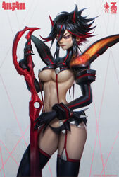 1girls abs black_hair blush boots breasts cleavage female female_only garter_straps gloves highlights hourglass_figure kill_la_kill matoi_ryuuko navel panties paul_kwon scissor_blade senketsu short_hair skirt solo standing suspenders thigh_boots two_tone_hair underboob weapon zeronis