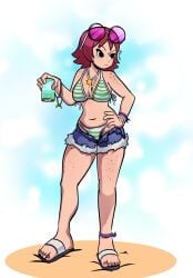 1girls bikini black_eyes can drink female freckles freckles_on_breasts freckles_on_chest freckles_on_face freckles_on_shoulders freckles_on_thighs full_body hand_on_hip holding_object kim_pine partially_clothed red_hair sandals scott_pilgrim short_hair shorts solo solo_female striped_bikini sunglasses sunglasses_on_head xao_art