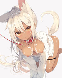 all_fours animal_ears areolae bangs black_panties blush breasts collar collarbone cowboy_shot cum cum_on_body cum_on_upper_body dark-skinned_female dark_skin eyebrows_visible_through_hair female hair_between_eyes head_tilt highres leash long_hair looking_at_viewer medium_breasts nibiiro_shizuka nipples no_bra no_pants open_clothes orange_eyes original panties panty_pull ponytail shirt sidelocks simple_background solo tail tan tears underwear wavy_mouth white_hair white_legwear white_shirt