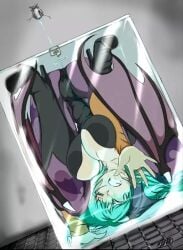 artist_request box darkstalkers demon_girl female girl girl_in_a_box glass_box green_hair heel_boots morrigan_aensland peril restrained succubus suffocation water water_rising