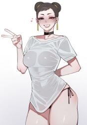 1girls bedroom_eyes big_breasts blush brown_eyes brown_hair choker chun-li earrings female_focus female_only fit fit_female hair_bun hard_nipples heart hearts_around_head hourglass_figure looking_at_viewer mr.skull nipples_visible_through_clothing no_bra panties peace_sign perfect_body ratatatat74 sexy shirt shirt_only shirt_pull smile solo solo_female solo_focus street_fighter thick_thighs v_sign white_background white_shirt whore_eyes