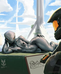 alien alien_girl anthro armor breasts casual claws cloud digitigrade doodle drawing female female_sangheili halo_(series) hand_on_hip human lying male master_chief nude on_side orange_eyes pussy sangheili sangussy sweat video_games wide_hips zaggatar