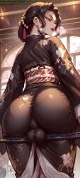 ahe_gao ai_generated demon_slayer femboy from_behind kimetsu_no_yaiba muzan_kibutsuji penis_peek shorthair trap trapaaa99 yaoi