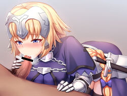 1boy 1girls armor armored_dress bangs bar_censor bent_over black_legwear blonde_hair blowjob blue_eyes blush braid breasts breath capelet censored cum cum_in_mouth dress ejaculation erection eyebrows_visible_through_hair fate/apocrypha fate_(series) faulds fellatio female gauntlets grey_background headpiece jeanne_d'arc_(fate) jeanne_d'arc_(fate)_(all) large_breasts long_braid long_hair male male_pubic_hair nose_blush oral oral_sex partial_male penis pink_lips purple_dress scabbard sheathed shin'yashiki single_braid straight sword thighhighs veins veiny_penis very_long_hair weapon