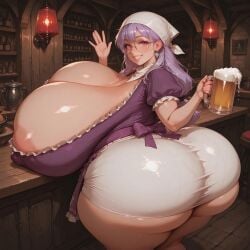 1girls ai_generated ass_bigger_than_head bandana barmaid beer big_lips breasts_bigger_than_head cleavage cleavage_overflow clothed female_focus gigantic_breasts glasses hyper hyper_ass hyper_breasts isometria large_breasts lips looking_at_viewer nipple_bulge nipple_slip pink_eyes purple_hair smile tight_clothing waving_at_viewer